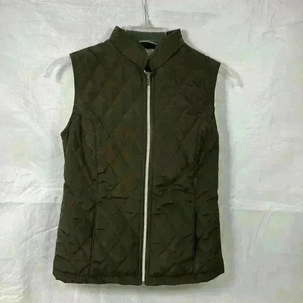 Pertegaz Womens Olive Green Diamond Quilted Sherpa Lined Zip Up Vest‎ Small CH